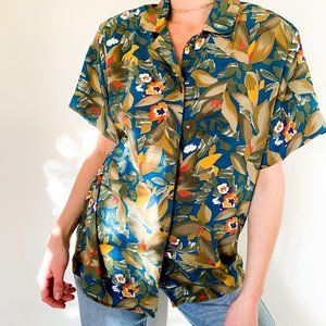 Vintage Olive Aloha Print Blouse